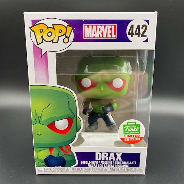 Statuina confezionata Funko Pop! del personaggio Drax dalla serie di film e fumetti I Guardiani della Galassia. Versione shop Limited Edition.