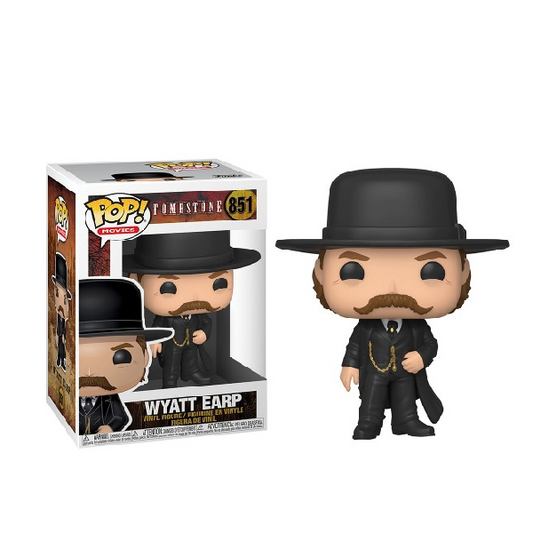 Statuina confezionata Funko Pop numero 851 del personaggio Wyatt Earp della serie TV Tombstone. Vestito nero con cappello.