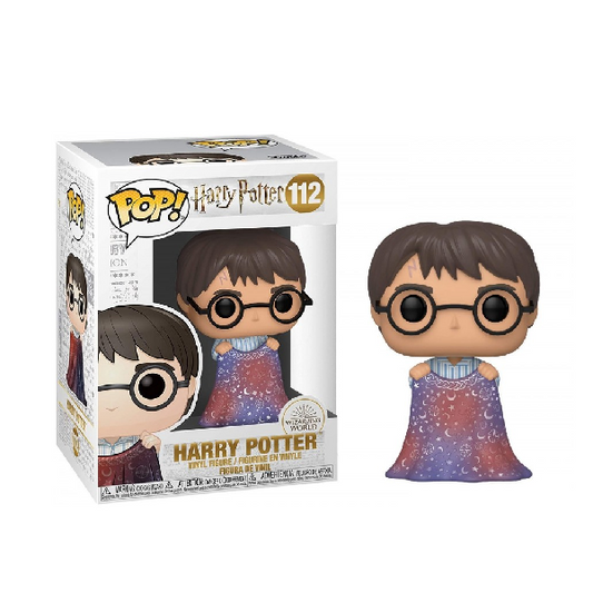 Confezione e personaggio Funko Pop di Harry Potter numero 112, in pigiama azzurro e bianco con mantello in mano.