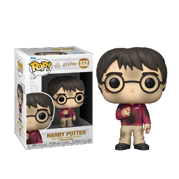 Confezione e personaggio Funko Pop di Harry Potter numero 132, versione ferito, con pantaloni beige e maglia rossa.