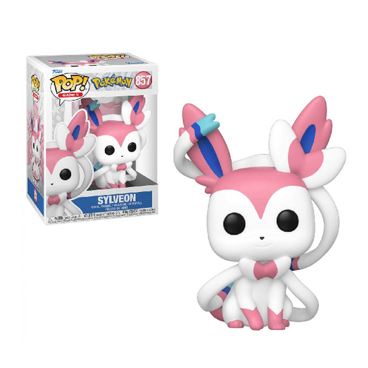 Statuina con confezione Funko Pop numero 857 del Pokemon Sylveon. Colore bianco e rosa.