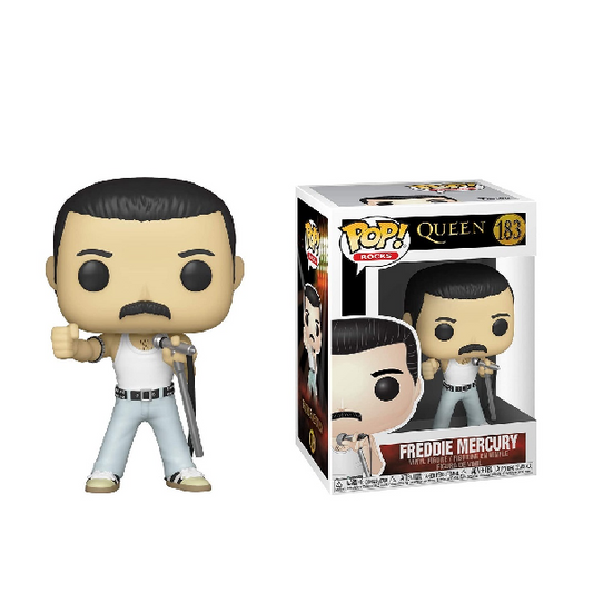 Personaggio e confezione Funko Pop numero 183 Freddie Mercury, frontman del gruppo Queen. Versione con pantaloni grigi e canottiera bianca, pugno chiuso e microfono con asta in mano.