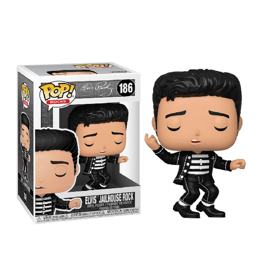 Confezione e personaggio Funko Pop numero 186 Elvis Presley versione Jailhouse Rock, vestito nero e maglietta a righe bianche e nere.