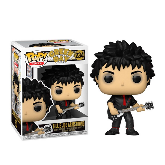 Confezione e personaggio Funko Pop numero 234 Billie Joe Armstrong del gruppo Green Day. Vestito nero, cravatta rossa, chitarra in mano.