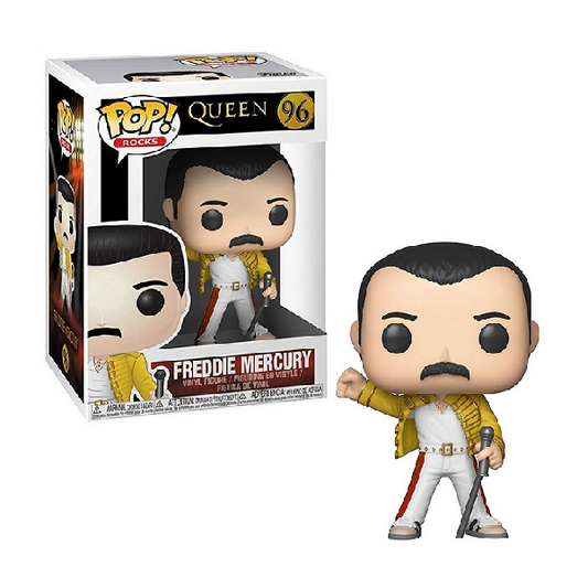 Confezione e personaggio Funko Pop numero 96 Freddie Mercury frontman del gruppo Queen, vestito in bianco con giacca gialla, microfono con asta in mano.