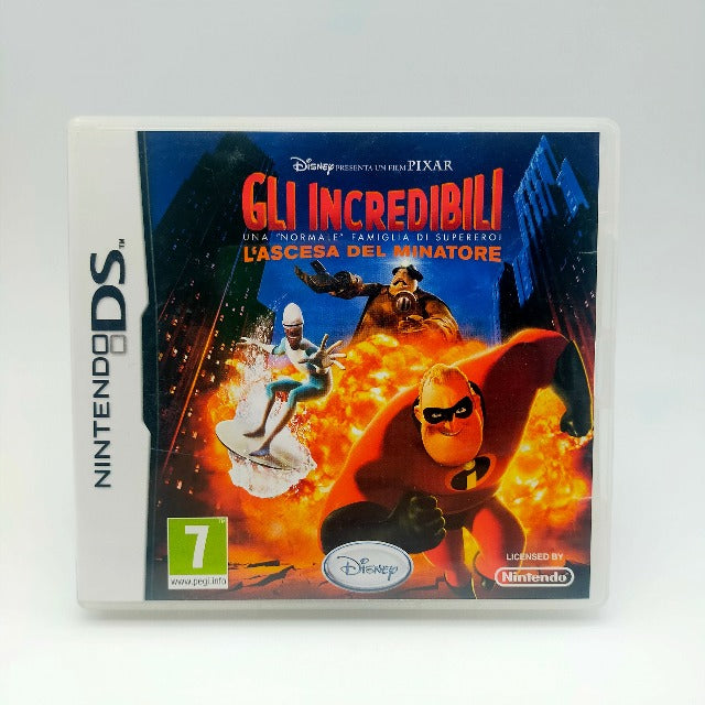 Gli Incredibili L'Ascesa Del Minatore Niintendo DS NDS Disney Pixar Pal Ita, mr. incredibile, siberius e minatore in copertina, città di notte di sfondo