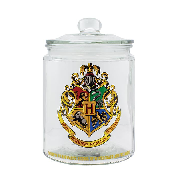 Biscottiera in vetro trasparente, con logo Hogwarts multicolore dalla saga Harry Potter.