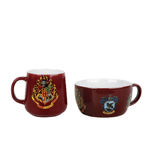 Set 2 tazze colazione e caffè a tema Harry Potter, colore bordeaux con interno bianco, e logo Hogwarts multicolore.