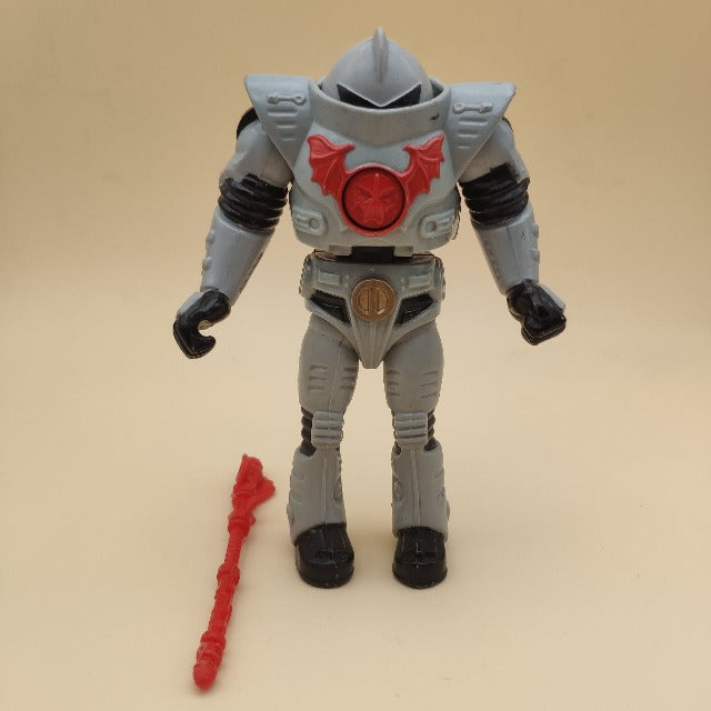 horde trooper personaggio masters of the universe, grigio e nero, simbolo rosso, arma rossa