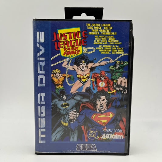 Justice League Task Force Sega Mega Drive Pal Multi, personaggio justice league in copertina,superman, batman, flash,aquaman, wonder woman, green arrow, su sfondo blu