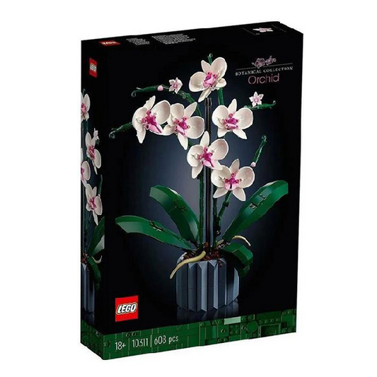 Set Lego scatolato 10311, serie Botanical Collection, modello Orchidea. Vaso azzurro, fiori bianchi e rosa con foglie verdi.