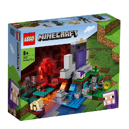 Confezione originale Lego con loghi minecraft portale in rovina colori verde azzurro marrone violetto