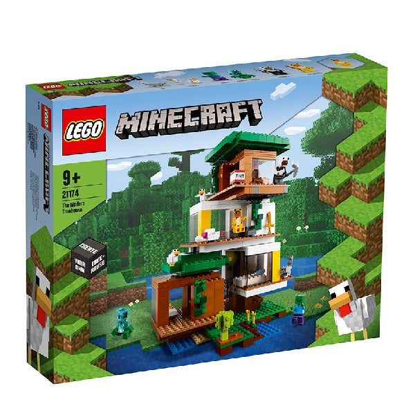 Confezione originale Lego con loghi minecraft casa sull'albero colori azzurro bianco verde marrone