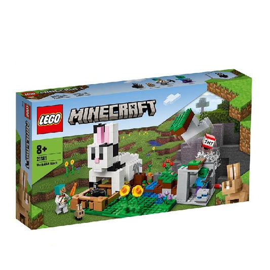 Confezione originale Lego Minecraft con loghi ufficiali, ranch del coniglio, colori verde azzurro e bianco