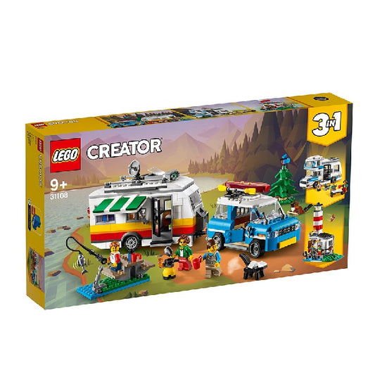 Confezione originale Lego con loghi creator vacanze in roulotte colori giallo blu bianco grigio