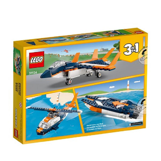 Scatola con logo Lego Creator ufficiale, con jet supersonico 3 in 1. Colore giallo, blu e arancione.