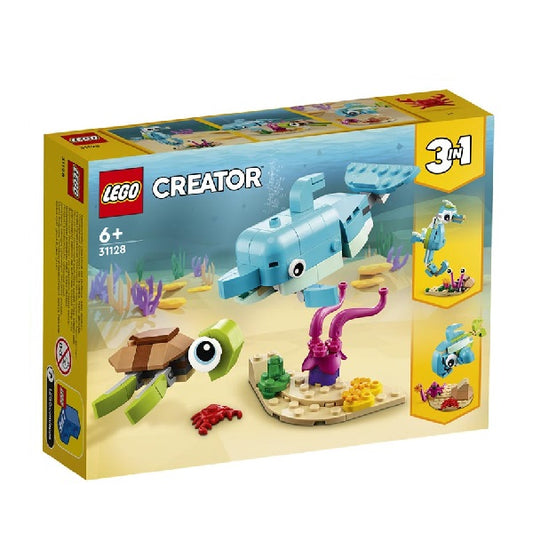 Scatola originale con logo Lego Creator, tartaruga e delfino. Colore giallo, azzurro, verde e marrone.
