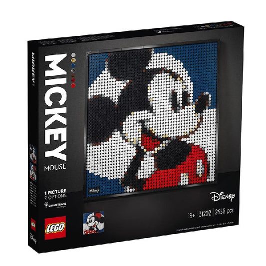 Confezione originale Lego con loghi art disney mickey mouse colori nero bianco rosso blu