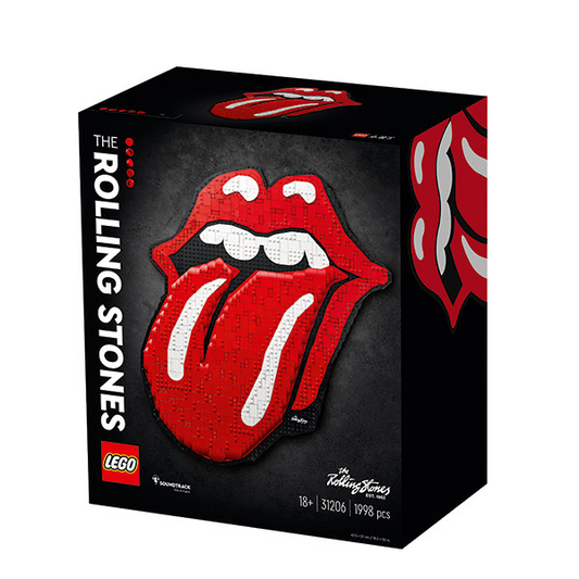 Confezione originale set Lego Art The Rolling Stones Logo. Scatola nera, prodotto rosso e bianco.