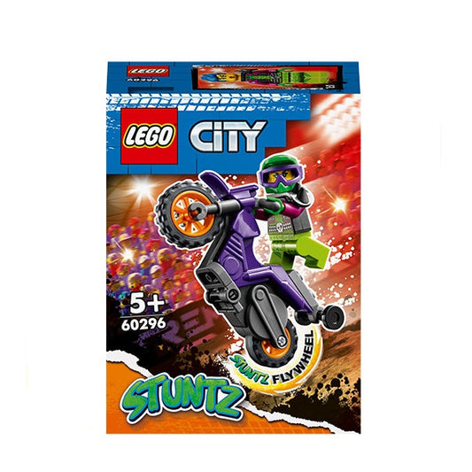 Confezione originale Lego City Stuntz, con stunt bike da impennata. Colori blu, viola e arancione. Loghi ufficiali.