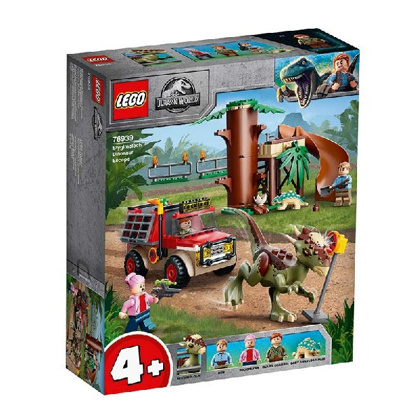 Confezione originale Lego con loghi jurassic world fuga stygimoloch colori verde rosso marrone grigio