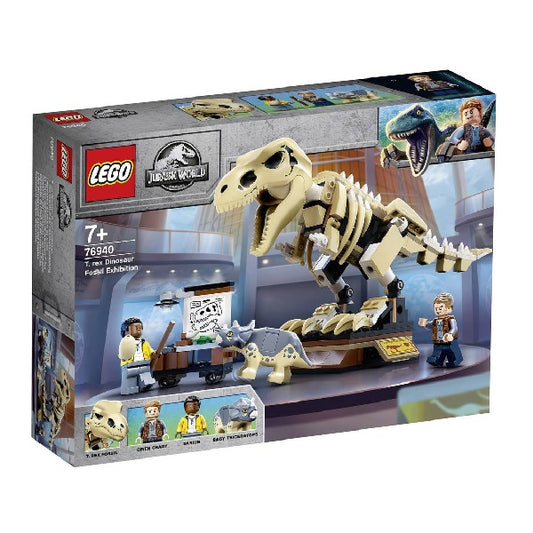 Confezione originale Lego con loghi jurassic world mostra fossili dinosauro T-Rex colori bianco grigio azzurro