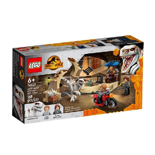 Confezione originale Lego con loghi jurassic world inseguimento Atrociraptor colori rosso giallo bianco marrone