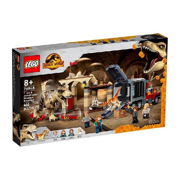 Confezione originale Lego con loghi jurassic world fuga T.Rex Atrociraptor colori rosso giallo bianco grigio