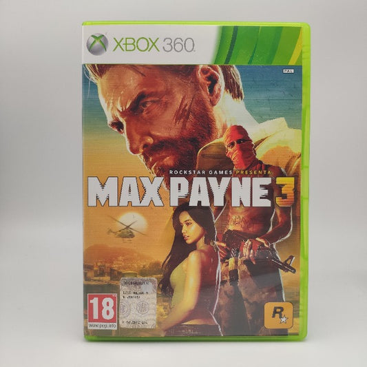 Max Payne 3 X360 Xbox 360 Rockstar Games Pal Ita, max payne in copertina con ragazza e nemico armato, elicottero e città in sfondo