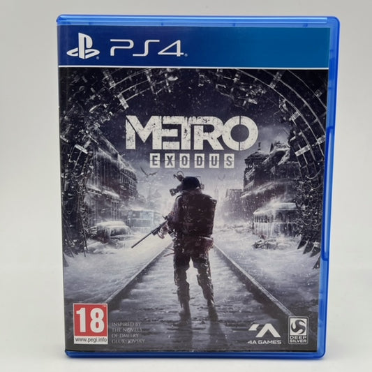 Metro Exodus PS4 Playstation 4 Pal Uk, personaggio armato sui binari della ferrovia, paesaggio glaciale, rovine di città in sfondo