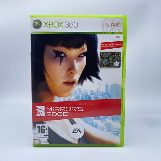 Mirror's Edge X360 Xbox 360 EA Pal Ita, primo piano volto femminile del persoanggio, città bianca e blu in sfondo
