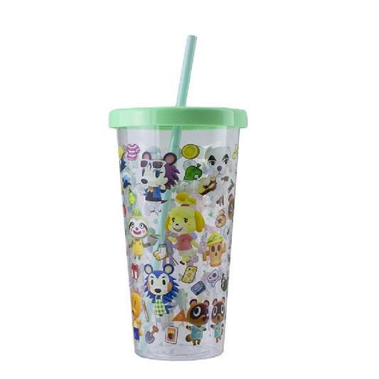 bicchiere in plastica animal crossing con cannuccia, con immagini di personaggi e oggetti. Colore trasparente con tappo verde.