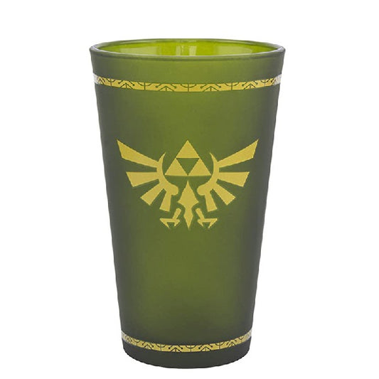 bicchiere a sfondo verde con logo dorato di Hyrule da The Legend of Zelda