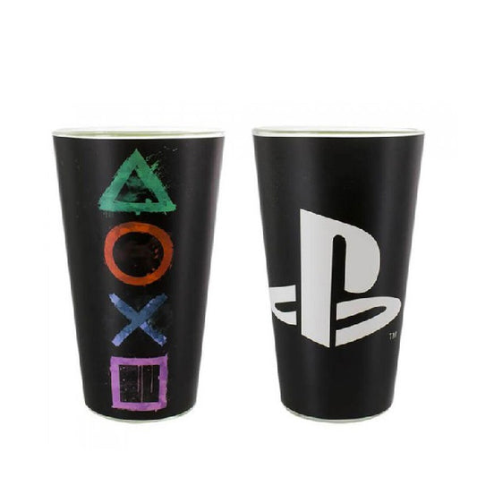 bicchiere a sfondo nero con loghi / simboli playstation colorati (verde, rosso, blu e rosa)