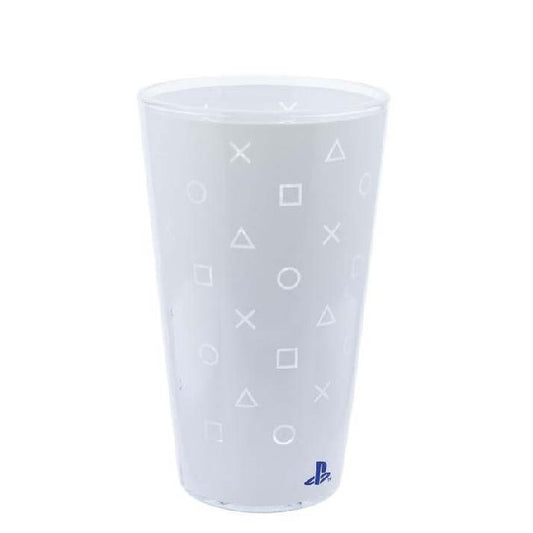 bicchiere a sfondo bianco con simboli playstation 5 trasparenti