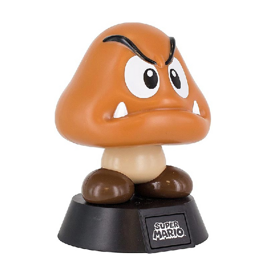 Mini lampada paladone a forma di Goomba, personaggio di Super Mario di Nintendo. Colore marrone con logo ufficiale.