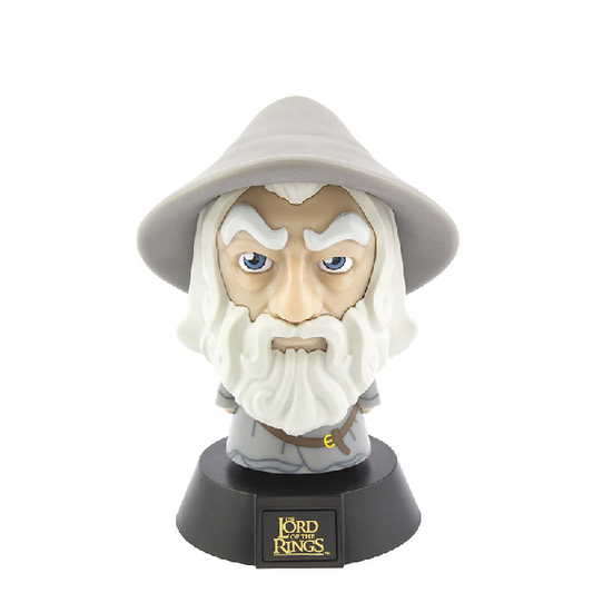 Mini lampada Paladone a forma di personaggio Gandalf da il Signore degli Anelli. Colore grigio e bianco con logo oro