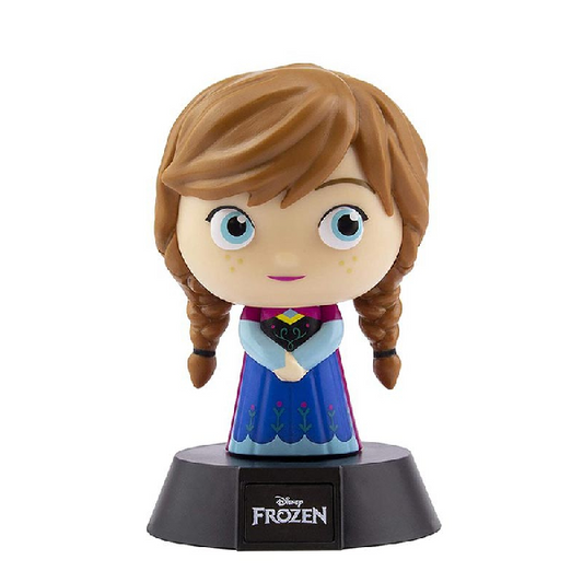 Mini lampada a forma di personaggio Anna, tratto dal film disney Frozen. Capelli castani e vestito blu.