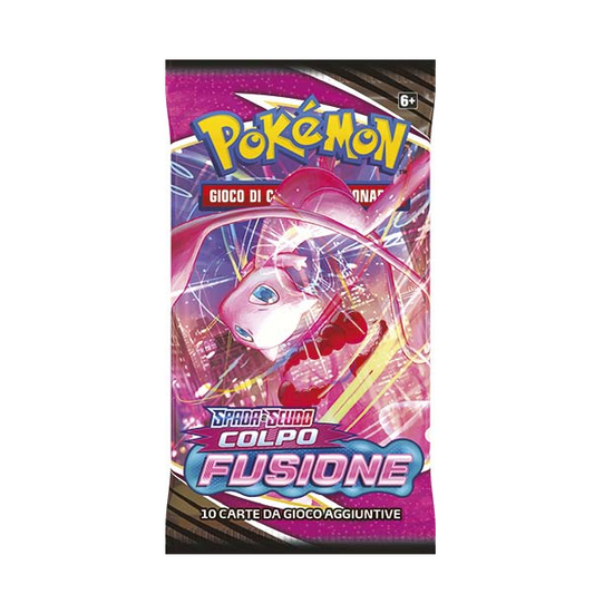 Bustina singola confezionata da 10 carte collezionabili Pokemon, espansione Colpo Fusione, serie Spada e Scudo, con illustrazione di Mew, colore rosa e viola.