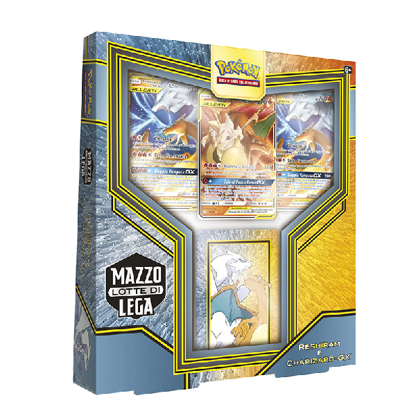 confezione mazzo lotte di lega pokemon, con charizard e reshiram gx. Colore arancione e azzurro