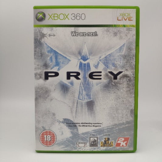 Prey X360 Xbox 360 2k 3D Realms Pal Uk, sfondo bianco e grigio con simbolo stilizzato di un aquila