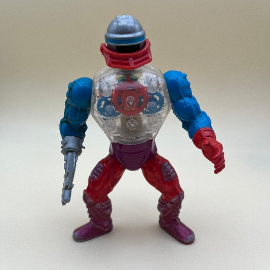 Roboto Masters of the Universe MOTU Mattel 1984, robot blu, viola e rosso con busti trasparente con ingranaggi a vista