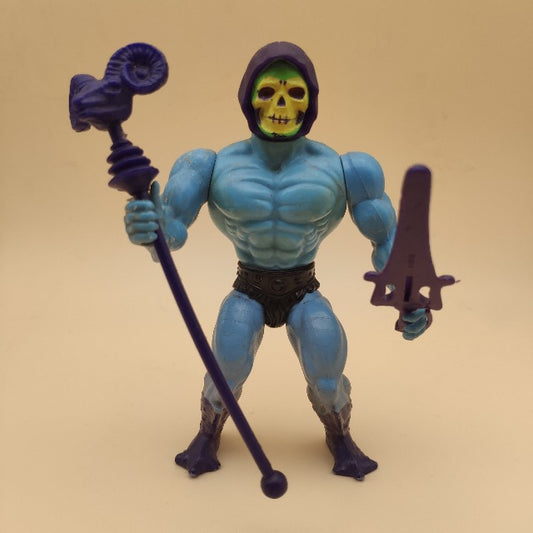 skeletor, masters of the universe, anno 1981, blu, con armi, senza armatura, faccia teschio giallo e verde