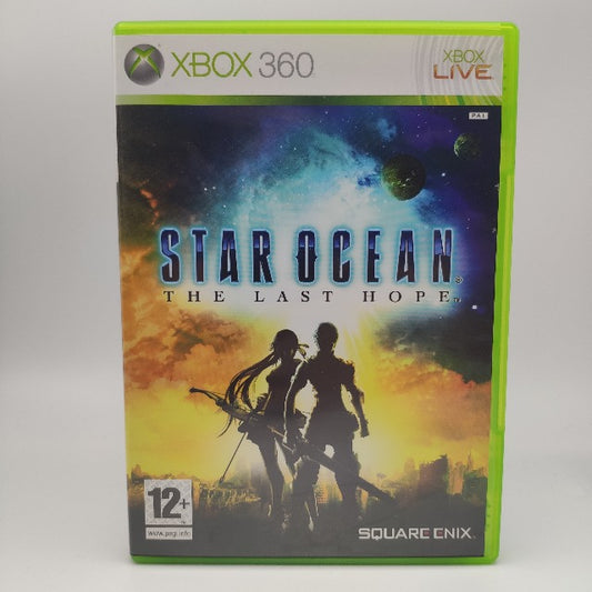 Star Ocean The Last Hope X360 Xbox 360 Pal Ita, figure di personaggi in ombra in copertina , in sfondo città in rovina colore giallo, arancione, e spazio stellare colore nero,azzurro e viola